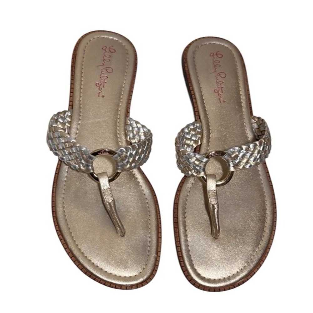 Lilly Pulitzer Classic Thong Sandals Woven Metallic Straps Gold Hardware Sz 9.5
